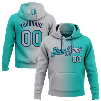 Custom Aqua Gray-Navy Gradient Sports Hoodie with Name & Number | Personalized Stitched Pullover Sweatshirt Personalized