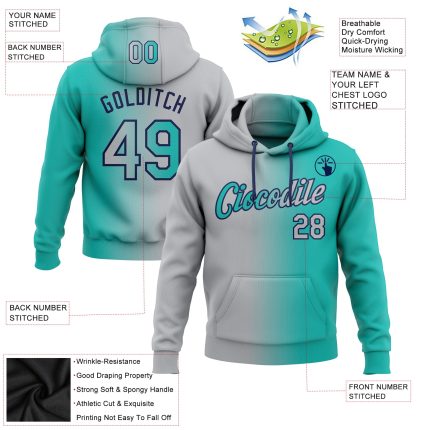 Custom Aqua Gray-Navy Gradient Sports Hoodie with Name & Number | Personalized Stitched Pullover Sweatshirt Personalized