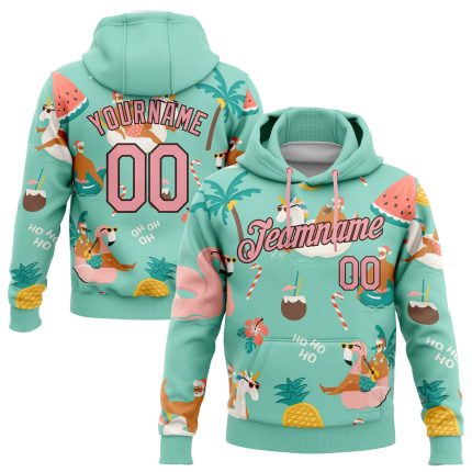 Tropical Christmas Santa Reindeer Flamingo Hooded Sweatshirt Custom Name Number Aqua Pink Brown Pullover Personalized Stitched