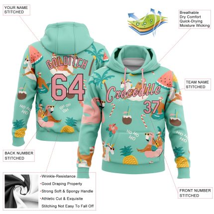 Tropical Christmas Santa Reindeer Flamingo Hooded Sweatshirt Custom Name Number Aqua Pink Brown Pullover Personalized Stitched