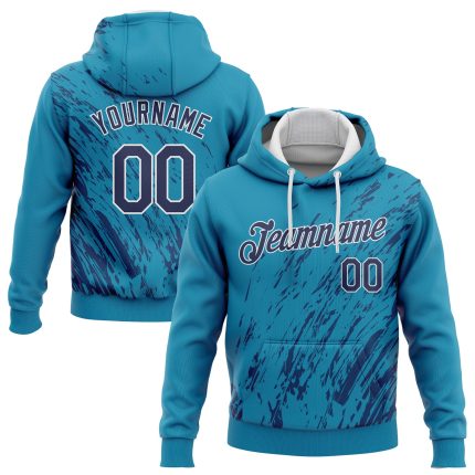 Custom Name Number Sports Hoodie with 3D Pattern Personalized Aqua Navy-White Pullover Sweatshirt Personalized Stitched Aqua