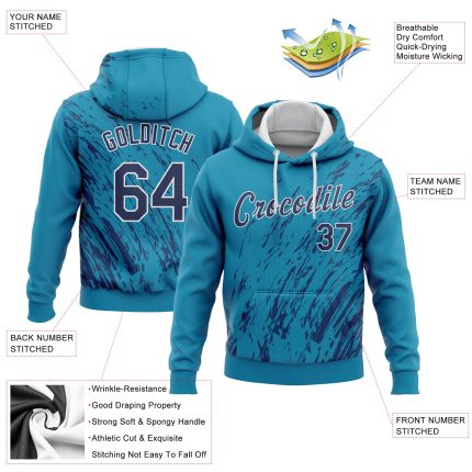 Custom Name Number Sports Hoodie with 3D Pattern Personalized Aqua Navy-White Pullover Sweatshirt Personalized Stitched Aqua