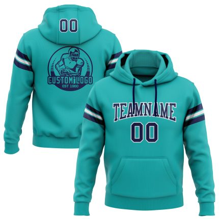 Custom Team Name Number Football Hoodie Aqua Navy White Stitched Pullover Sweatshirt Personalized Stitched Aqua Navy-White