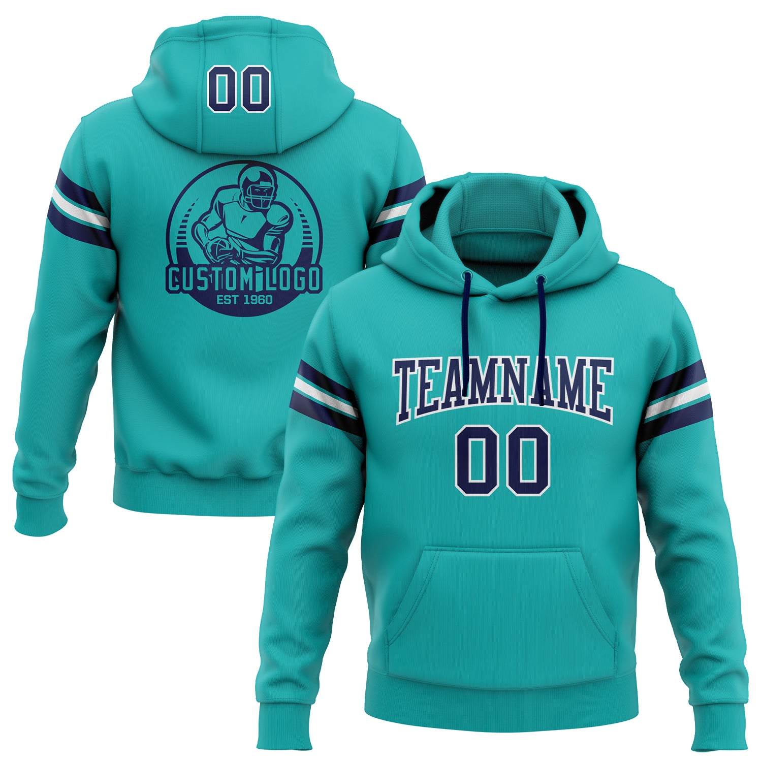 Custom Team Name Number Football Hoodie Aqua Navy White Stitched Pullover Sweatshirt Personalized Stitched Aqua Navy-White