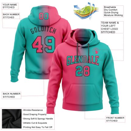 Custom Name Number Hoodie Sports Pullover Sweatshirt Aqua Neon Pink Black Gradient Fashion Design Personalized Stitched Aqua