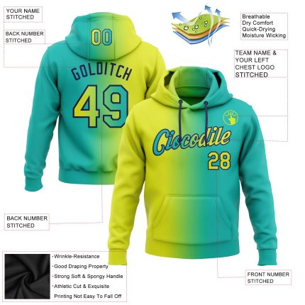 Custom Team Name & Number Sports Hoodie Pullover - Aqua Neon Yellow Navy Gradient Stitched Sweatshirt Personalized Stitched