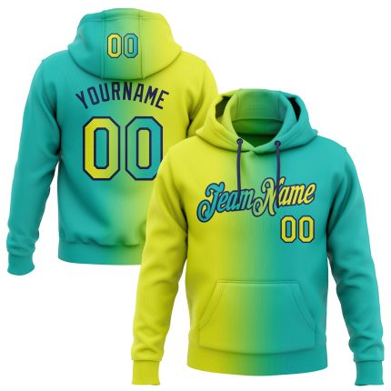 Custom Team Name & Number Sports Hoodie Pullover - Aqua Neon Yellow Navy Gradient Stitched Sweatshirt Personalized Stitched