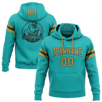 Custom Name and Number Aqua Old Gold-Black Football Hoodie Pullover Sweatshirt - Personalized Team Apparel Personalized Stitched