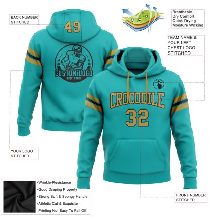 Custom Name and Number Aqua Old Gold-Black Football Hoodie Pullover Sweatshirt - Personalized Team Apparel Personalized Stitched