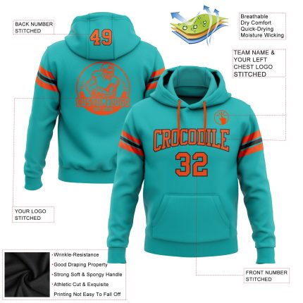 Custom Name Number Football Hoodie Sweatshirt - Personalized Aqua Orange-Black Stitched Pullover for Team Support Personalized