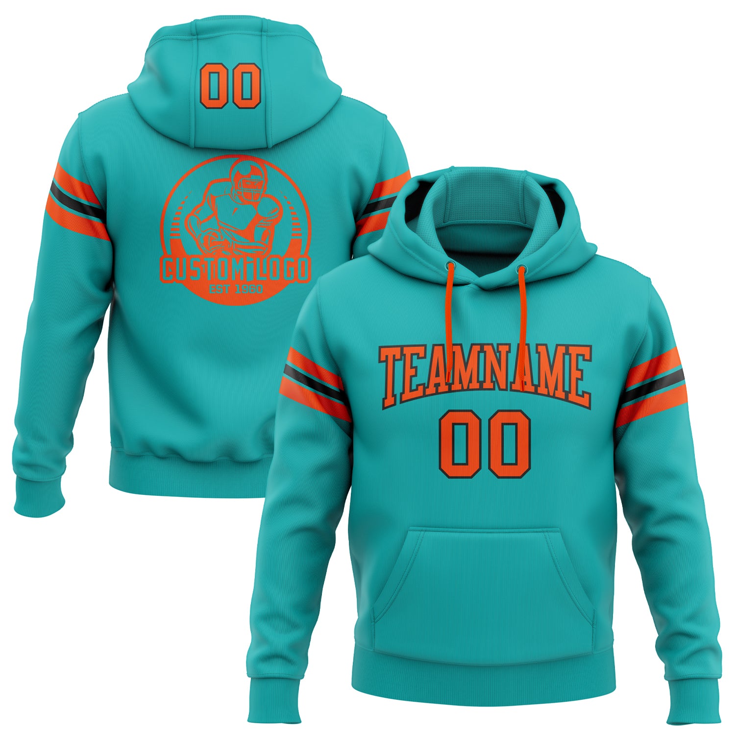 Custom Name Number Football Hoodie Sweatshirt - Personalized Aqua Orange-Black Stitched Pullover for Team Support Personalized
