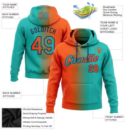 Custom Aqua Orange-Navy Gradient Pullover Hoodie with Team Name & Number - Personalized Sports Sweatshirt Personalized Stitched