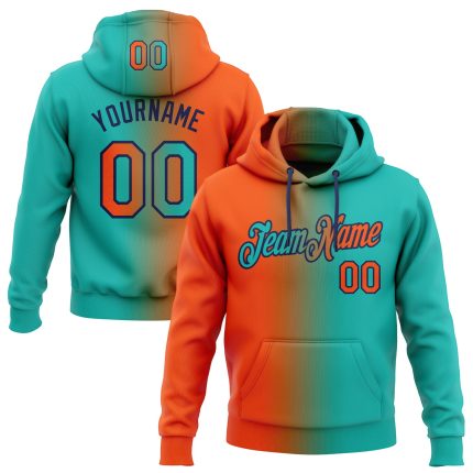 Custom Aqua Orange-Navy Gradient Pullover Hoodie with Team Name & Number - Personalized Sports Sweatshirt Personalized Stitched