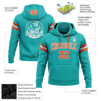Custom Team Name Number Hoodie Sweatshirt - Personalized Aqua Orange-White Stitched Football Pullover Personalized Stitched