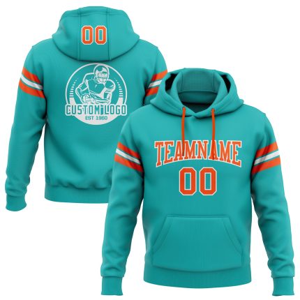 Custom Team Name Number Hoodie Sweatshirt - Personalized Aqua Orange-White Stitched Football Pullover Personalized Stitched