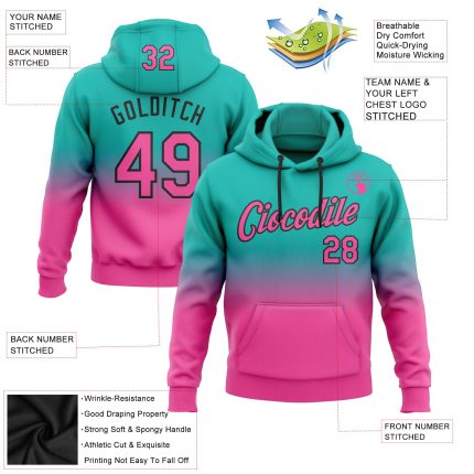 Custom Team Hoodie with Personalized Name and Number in Aqua Pink Black Fade - Fashion Sports Pullover Sweatshirt Personalized