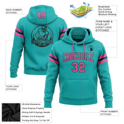 Custom Name and Number Football Hoodie Sweatshirt - Personalized Aqua Pink Black Team Pullover Personalized Stitched Aqua