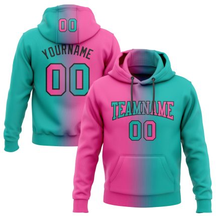 Custom Name and Number Aqua Pink-Black Gradient Sports Hoodie Pullover Sweatshirt - Personalized Team Apparel Personalized
