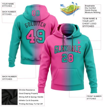 Custom Name and Number Aqua Pink-Black Gradient Sports Hoodie Pullover Sweatshirt - Personalized Team Apparel Personalized