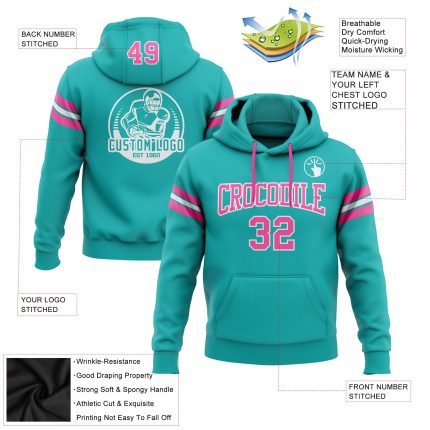 Custom Name Number Pullover Hoodie Aqua Pink White Football Sweatshirt - Personalized Stitched Team Apparel Personalized