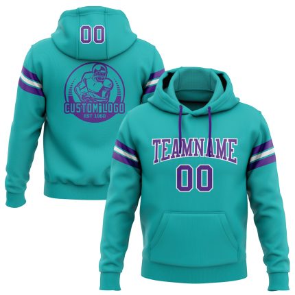 Custom Team Name Number Hoodie Sweatshirt Personalized Aqua Purple White Football Pullover Personalized Stitched Aqua Purple-White