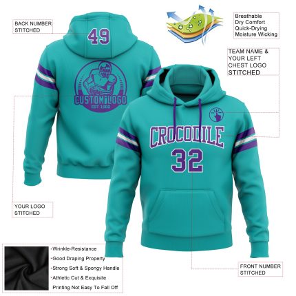 Custom Team Name Number Hoodie Sweatshirt Personalized Aqua Purple White Football Pullover Personalized Stitched Aqua Purple-White