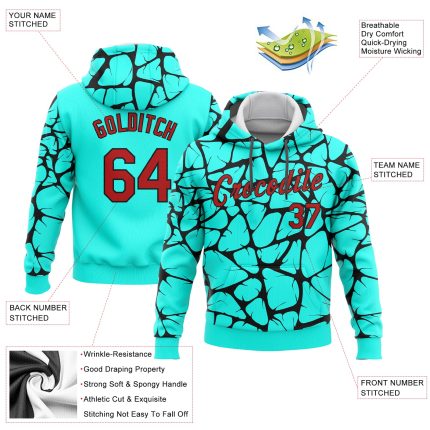 Custom Name and Number Sports Hoodie - Personalized Aqua Red-Black 3D Pattern Pullover Sweatshirt Personalized Stitched Aqua