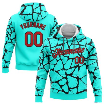 Custom Name and Number Sports Hoodie - Personalized Aqua Red-Black 3D Pattern Pullover Sweatshirt Personalized Stitched Aqua