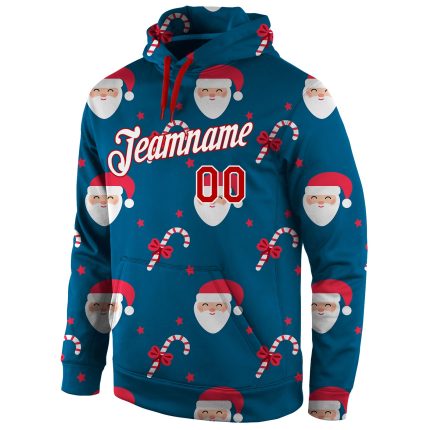 Custom 3D Sports Hoodie Personalized with Name & Number - Stitched Aqua Red-White Christmas Pullover Sweatshirt Personalized