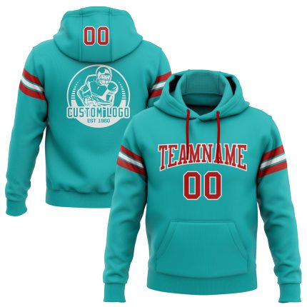 Custom Team Football Hoodie with Personalized Name & Number - Aqua Red-White Pullover Sweatshirt Personalized Stitched Aqua