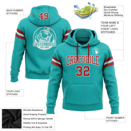 Custom Team Football Hoodie with Personalized Name & Number - Aqua Red-White Pullover Sweatshirt Personalized Stitched Aqua