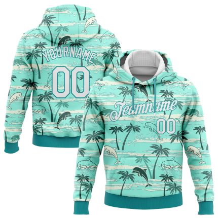Custom Name and Number Hawaii Palm Trees Pullover Hoodie with 3D Stitched Aqua White Design - Personalized Sports Sweatshirt