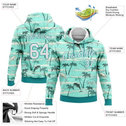 Custom Name and Number Hawaii Palm Trees Pullover Hoodie with 3D Stitched Aqua White Design - Personalized Sports Sweatshirt
