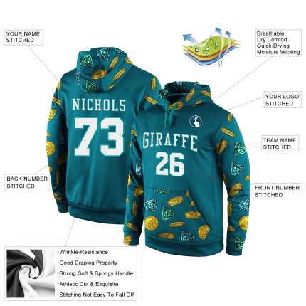 Custom Name and Number Sports Pullover Hoodie for Teams, Aqua White 3D Pattern Design, Personalized Stitched Sweatshirt Personalized