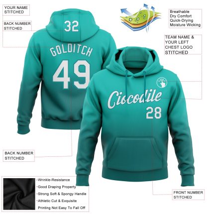 Custom Aqua White Teal Fade Sports Hoodie with Personal Name & Number - Personalized Stitched Pullover Sweatshirt Personalized