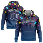 Autism Awareness Custom Name Number Stitched Hoodie Navy-White 3D Puzzle Piece Design Sports Sweatshirt Personalized Stitched