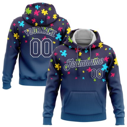 Autism Awareness Custom Name Number Stitched Hoodie Navy-White 3D Puzzle Piece Design Sports Sweatshirt Personalized Stitched