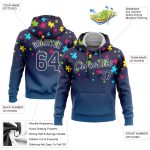 Autism Awareness Custom Name Number Stitched Hoodie Navy-White 3D Puzzle Piece Design Sports Sweatshirt Personalized Stitched