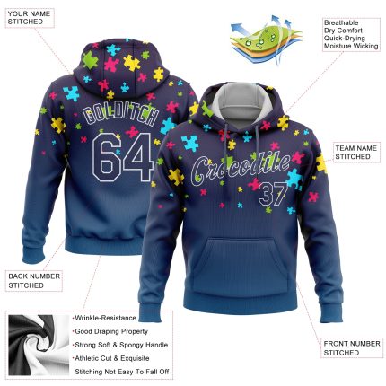 Autism Awareness Custom Name Number Stitched Hoodie Navy-White 3D Puzzle Piece Design Sports Sweatshirt Personalized Stitched