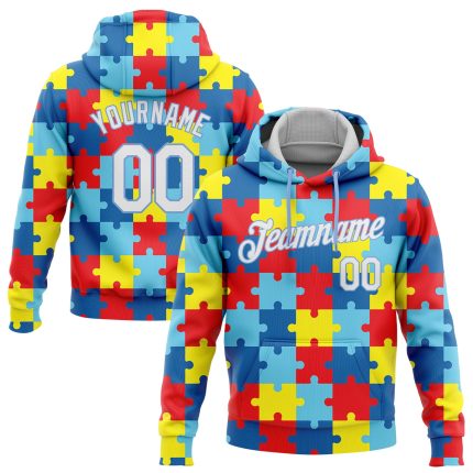 Autism Awareness Custom Name Number Hoodie White Light Blue 3D Puzzle Design Stitched Sports Pullover Sweatshirt Personalized
