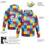 Autism Awareness Custom Name Number Hoodie White Light Blue 3D Puzzle Design Stitched Sports Pullover Sweatshirt Personalized