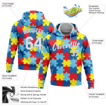 Autism Awareness Custom Name Number Hoodie White Light Blue 3D Puzzle Design Stitched Sports Pullover Sweatshirt Personalized