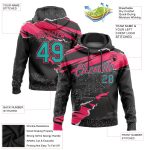 Custom Name and Number Personalized Sports Hoodie, 3D Stitched Torn Paper Design, Black Aqua-Neon Pink Pullover Sweatshirt