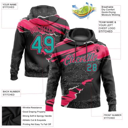 Custom Name and Number Personalized Sports Hoodie, 3D Stitched Torn Paper Design, Black Aqua-Neon Pink Pullover Sweatshirt