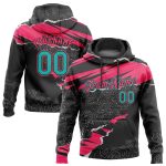 Custom Name and Number Personalized Sports Hoodie, 3D Stitched Torn Paper Design, Black Aqua-Neon Pink Pullover Sweatshirt