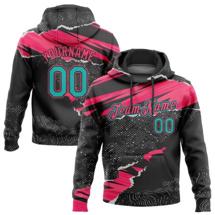 Custom Name and Number Personalized Sports Hoodie, 3D Stitched Torn Paper Design, Black Aqua-Neon Pink Pullover Sweatshirt