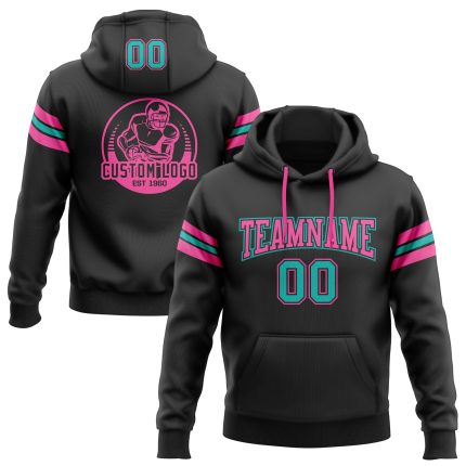 Custom Black Aqua-Pink Football Hoodie with Stitched Name & Number Personalized Pullover Sweatshirt Personalized Stitched