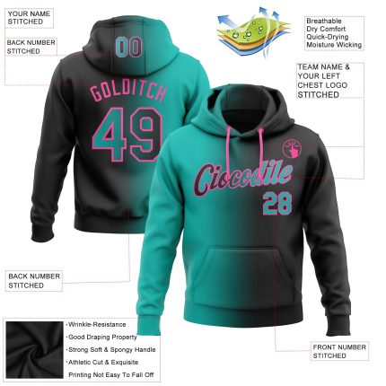 Custom Name and Number Personalized Aqua-Pink Gradient Sports Hoodie Pullover Sweatshirt - Stitched Black Fashion Personalized