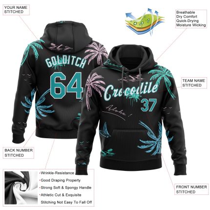 Personalized Aqua-White Stitched 3D Pattern Hawaii Palm Trees Sports Hoodie Custom Name & Number Pullover Sweatshirt Personalized