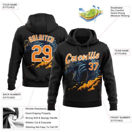 Custom Fire Dragon Hoodie - Personalized Black Bay Orange-White 3D Pattern Pullover Sweatshirt with Team Name and Number